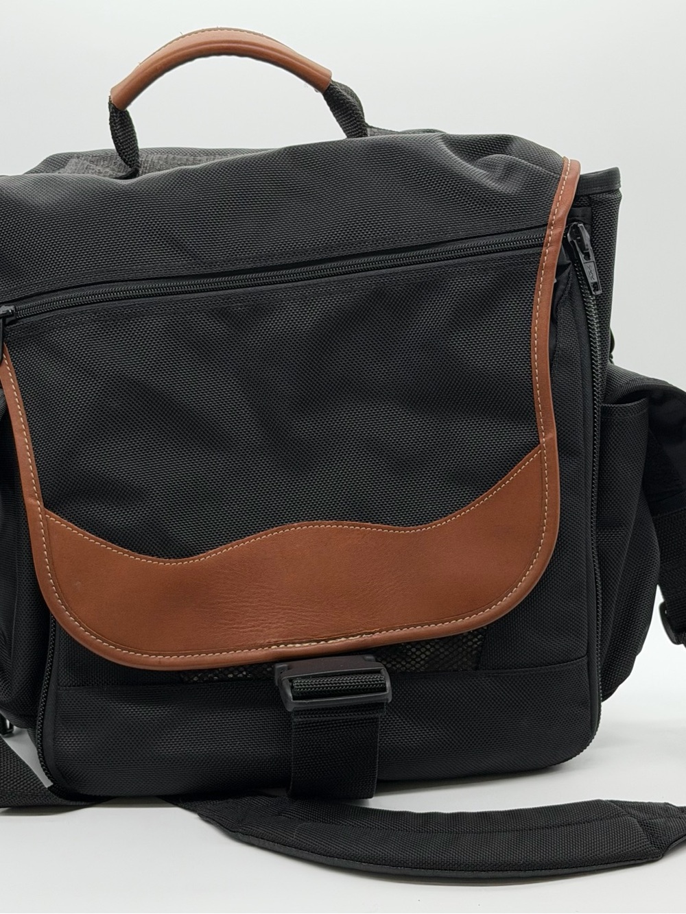 L.L. Bean Black Messenger Bag with Brown Trim